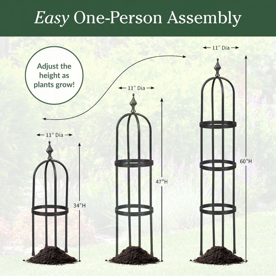 Evergren Garden Metal Obelisk Trellis for Climbing Plants | Indoor/Outdoor Floral Pattern Arch Trellis for Potted Plants (5 ft Black)