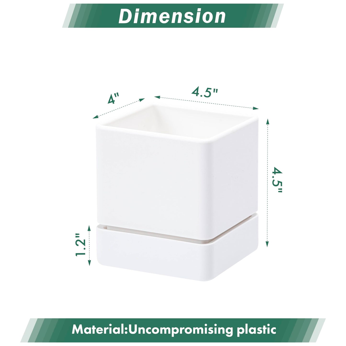 D'vine Dev 4 Inch Herb Planter Pot, Plastic Planter with Drainage Holes and Saucer, Modern Decorative Gardening Pot for Indoor Plants, Flowers, Herbs, Succulents, White, Set of 2, 76-Y-A2-1