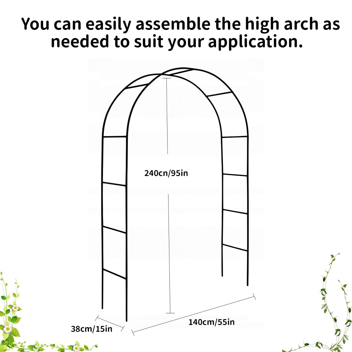 Garden Arch Trellis for Climbing Plants Outdoor Metal Trellis Wedding Arch Frame Assemble Freely 2 Sizes for Roses Vines Bridal Party Decoration, Black