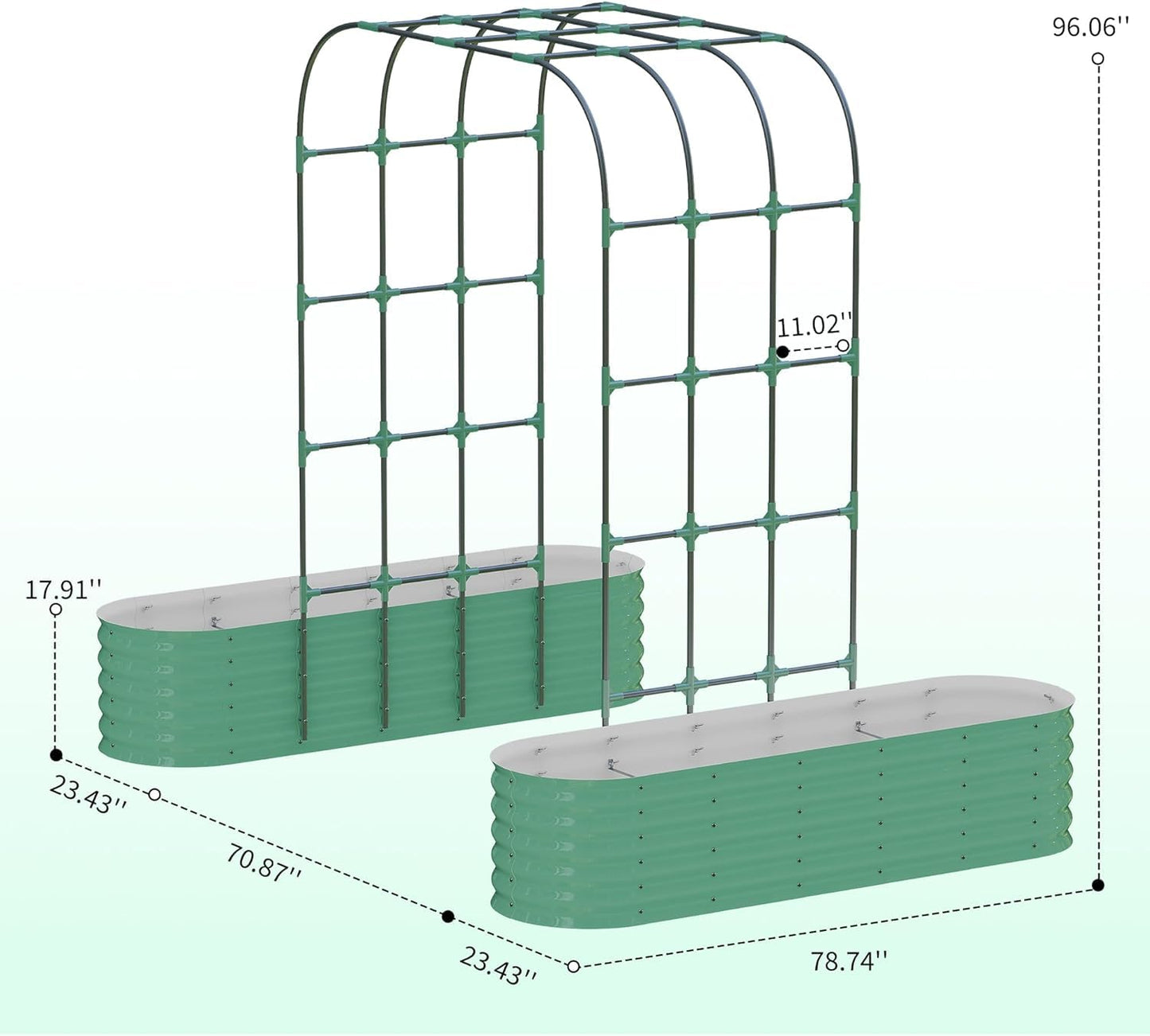 Takywep Galvanized Raised Garden Bed with 96" Vertical Arch Trellis, Expandable Outdoor Planter Box with Dual Sections, Rust-Resistant Garden Bed for Flowers, Herbs, Vegetables, Vines, Green