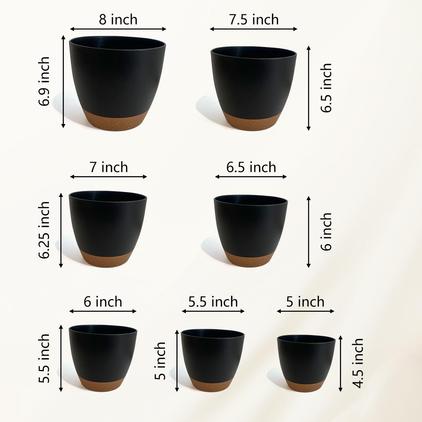 LIFFY Plant Pots, 8,7.5,7,6.5,6,5.5,5 Inch Plastic Self Watering Planters with Drainage Holes & Saucers, 7-Pack Black Nursery Planting Pot with Deep Reservoir for Indoor Outdoor Plants