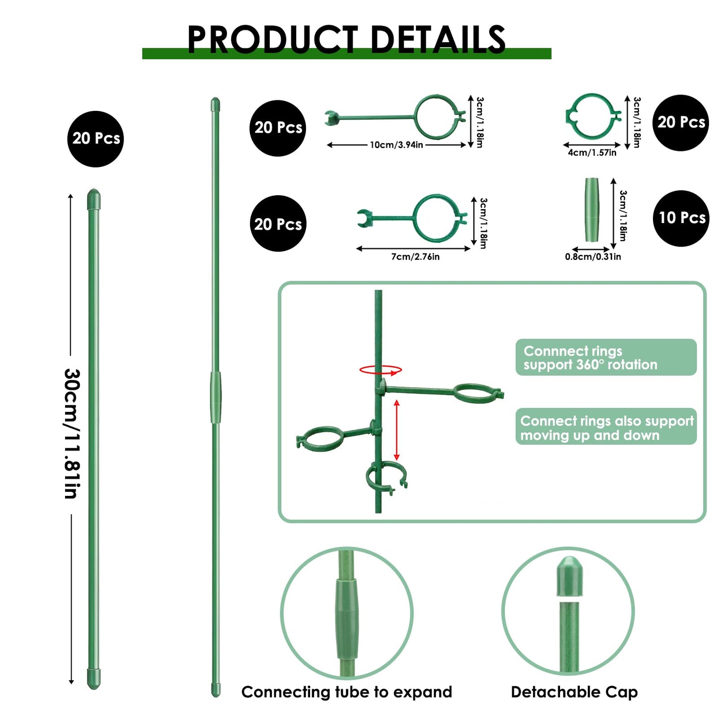 20 Set Plant Stakes 12 inch Extendable Plant Support Stakes with Adjustable Clips Rings, Flower Stem Plant Support Sticks for Indoor Outdoor Plants Stabilizer Garden Sticks for Orchid Rose Tomato