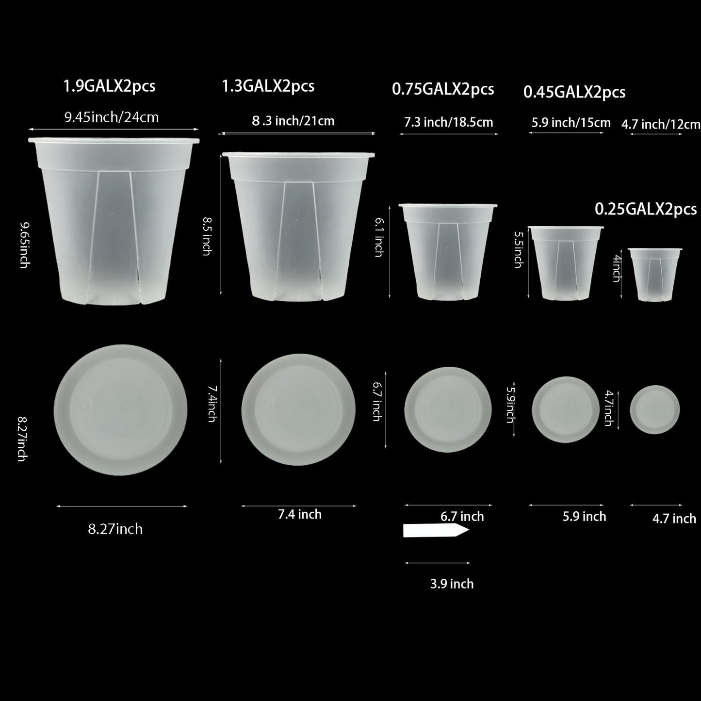 TineDew Large Clear Nursery pots for Plants with Saucers,10 pcs 9.5/8.3/7/6/5 inch Thick Plastic Nursery pots for Plants with Drainage Holes for Monstera,Aroid