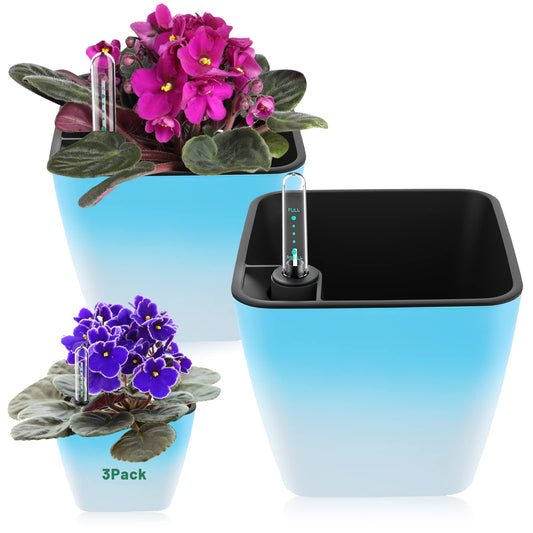 GS Garden Self Watering Planters for Indoor Plants, 5.2 Inch 3 Pack Square Plastic Plant Pots with Water Level Indicator & Drainage System for African Violet Herbs Succulents - Gradient Blue
