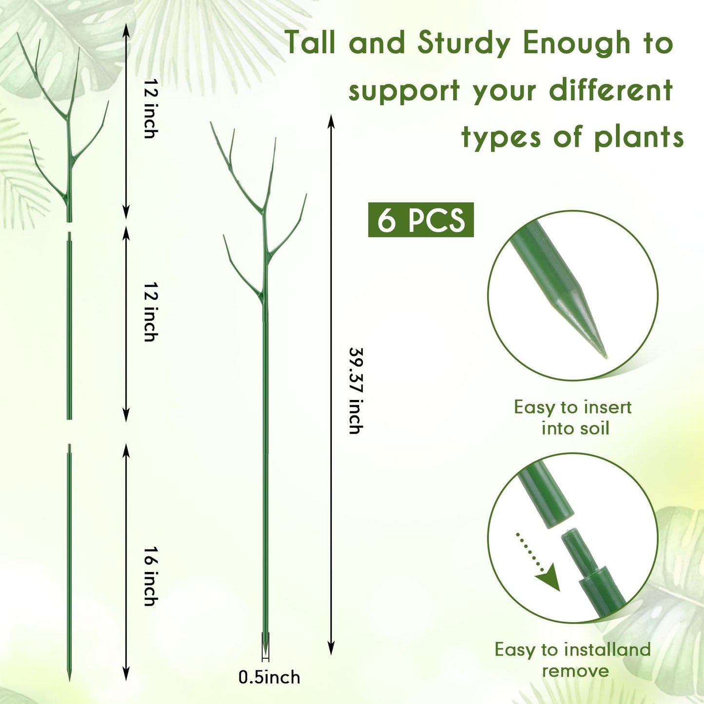Cinnvoice 6 Pack 39.37" Stackable Plant Support Stakes Plant Support for Indoor Outdoor Green Twig Plant Sticks with Extension Poles Plastic Branch Trellis for Climbing Potted Flower Monstera