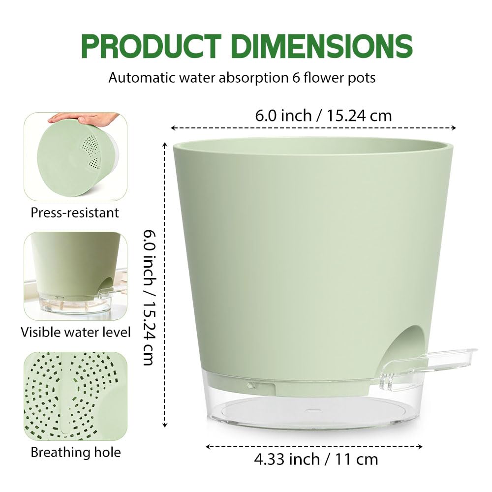 KEETUMOOD Self Watering Pots for Plants, 2026 New Flower Plant Pots with Drainage Holes, Wicking and Clear Reservoirs for Succulent, Aloe, Cacti and Others - 6 Pack (Green, 6")