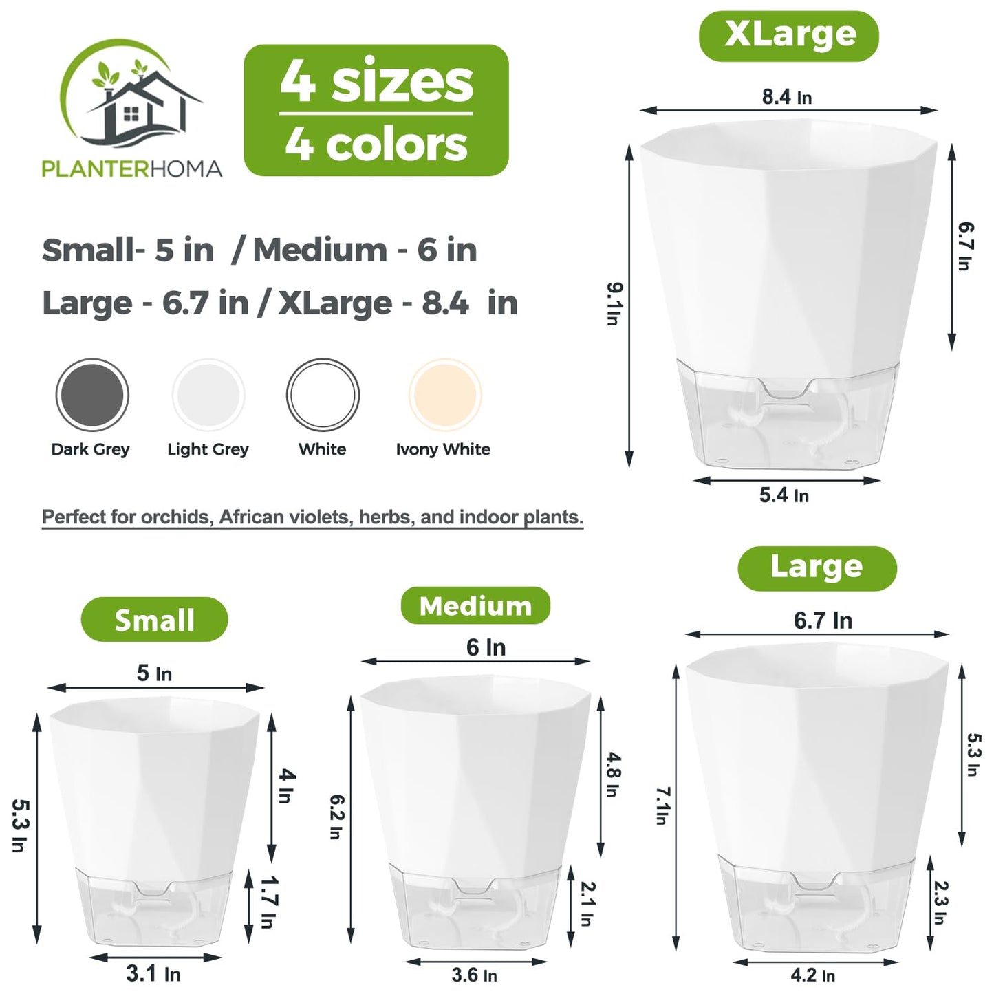 5 Pack Self Watering Pots for Indoor Plants, 5/6.7/8.4 Inches Self Watering Planters African Violet Self Watering Clear Pots for Plants Herb Orchid Flower Houseplant Pots, White