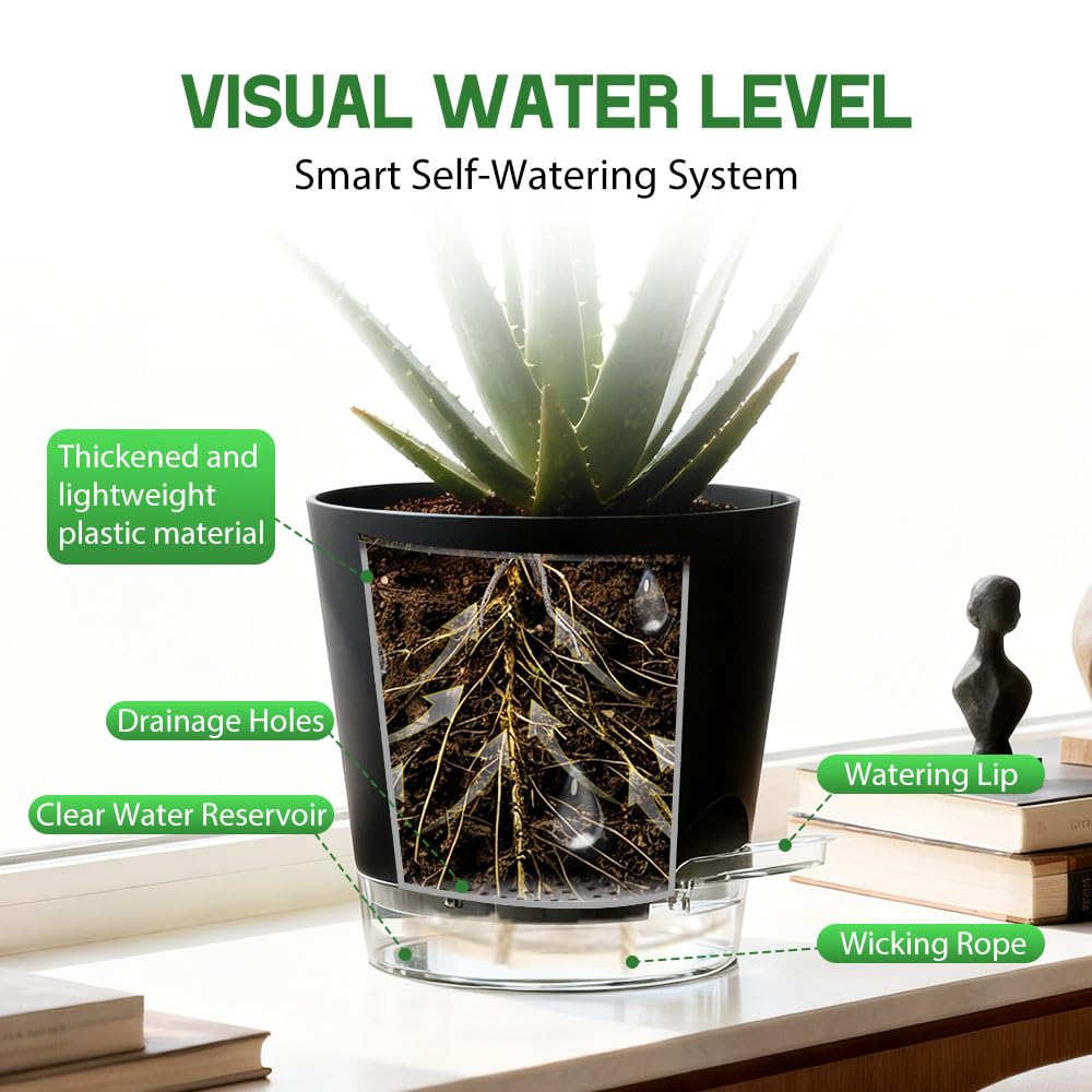 KEETUMOOD Self Watering Pots for Plants, 2026 New Flower Plant Pots with Drainage Holes, Wicking and Clear Reservoirs for Succulent, Aloe, Cacti and Others - 6 Pack (Black, 6")