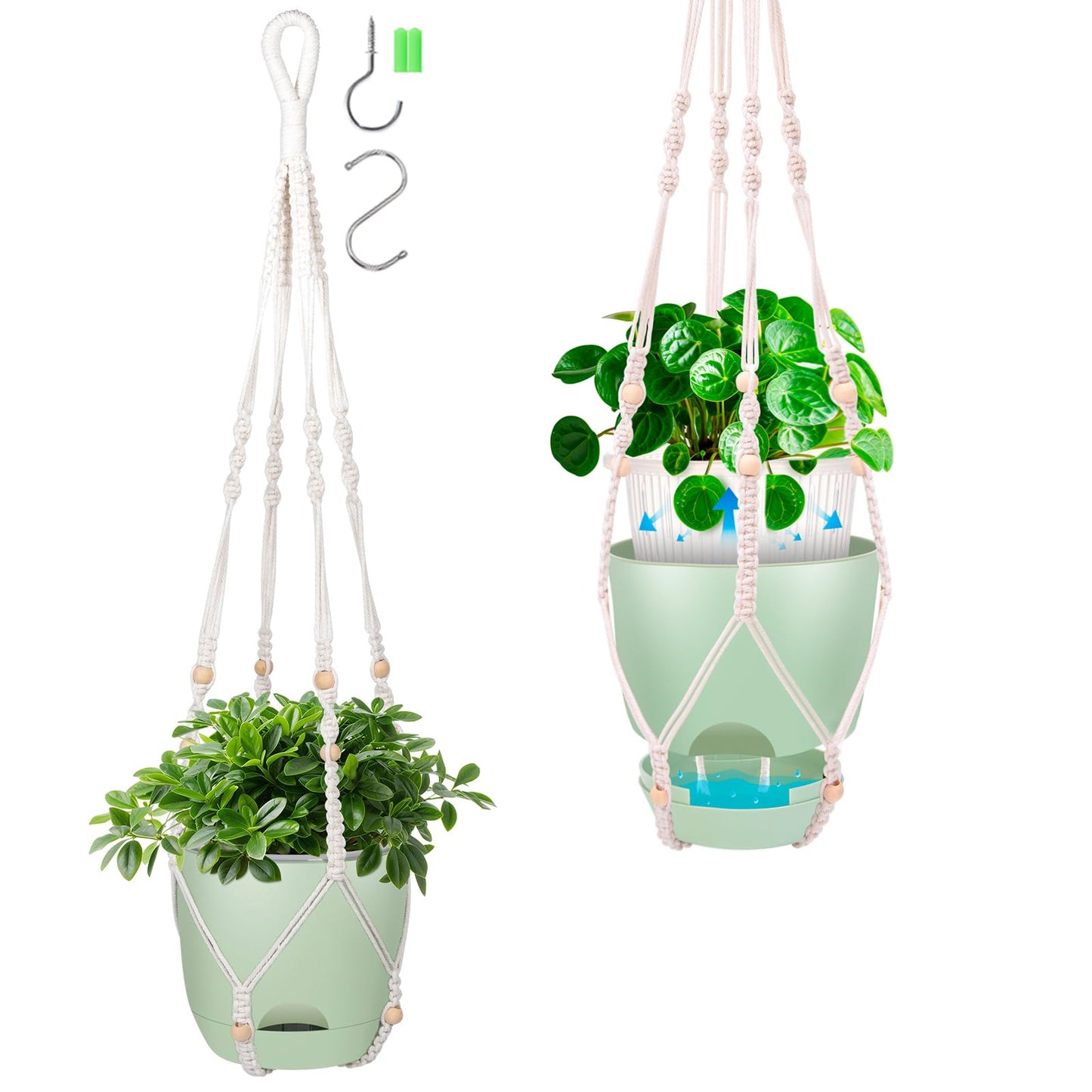 2-Pack 5.7-Inch Self-Watering Hanging Planters for Indoor & Outdoor Plants,34Inch Macrame Hanger Plant Pots Indoor with Drainage,Small Hanging Planters & Baskets,With Two Sets of Hooks（Pure green）