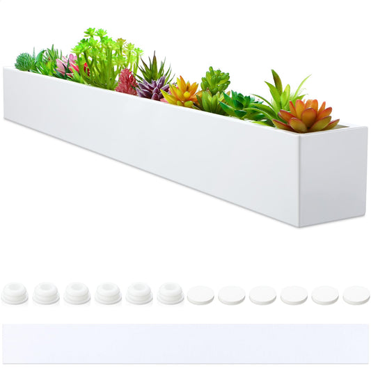 FillTouch 1 Pcs Long Rectangular Planter Box Window Sill Plant Box Metal Water Trough Indoor Large Modern Steel with Drainage Holes Herb Garden Home (32 x 3.5 x 3.5 Inch,White)