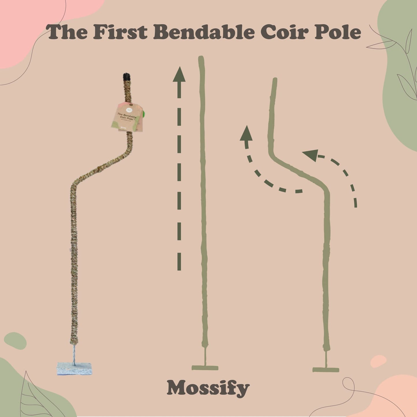 Mossify Bendable Coir Pole for Plants – 42” Premium Manila Coir Moss Pole Monstera Plant Support for Indoor & Outdoor Plant Climbing Support - Comes with Reusable Tape for Durable Plant Pole