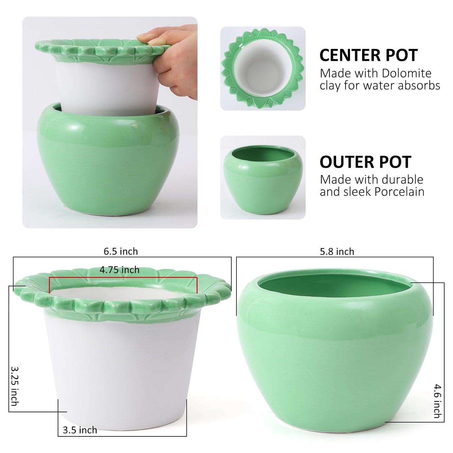 Lovely Ran African Violet Flower Pot Ceramic Self Watering Planter Pot 6.5 * 4.6 * 4 inch Simple Plant Self Watering Pot Green Indoor Flowers High Absorption Herbaceous Flower Pots Modern