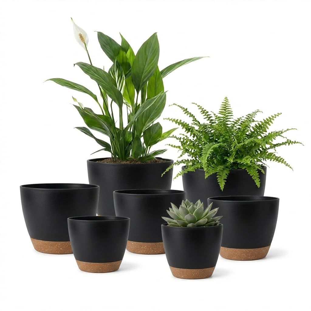 LIFFY Plant Pots, 8,7.5,7,6.5,6,5.5,5 Inch Plastic Self Watering Planters with Drainage Holes & Saucers, 7-Pack Black Nursery Planting Pot with Deep Reservoir for Indoor Outdoor Plants