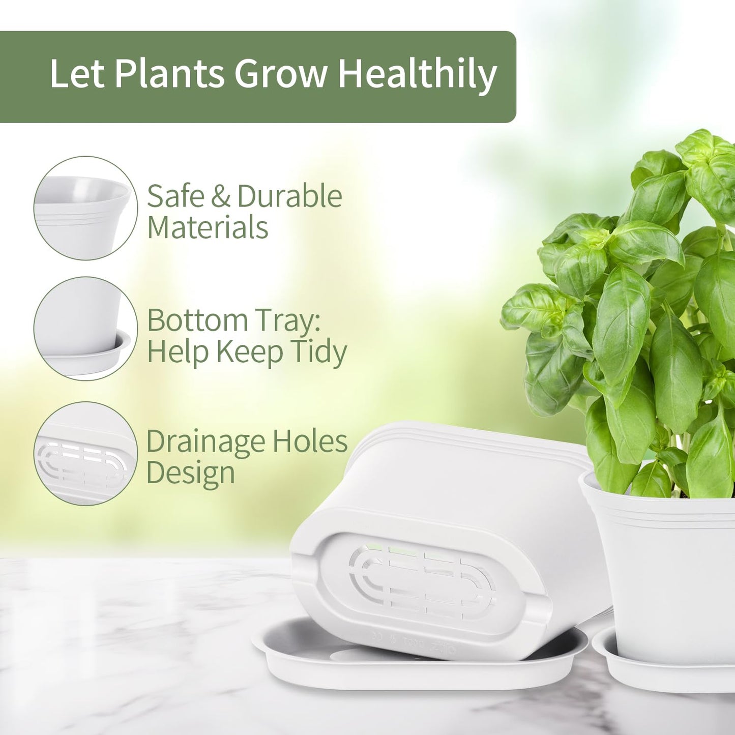Oliz Windowsill Garden Pots, White Plastic Flower Pots with Drainage Tray for Herb, Succulents, African Violet (Pack of 6)