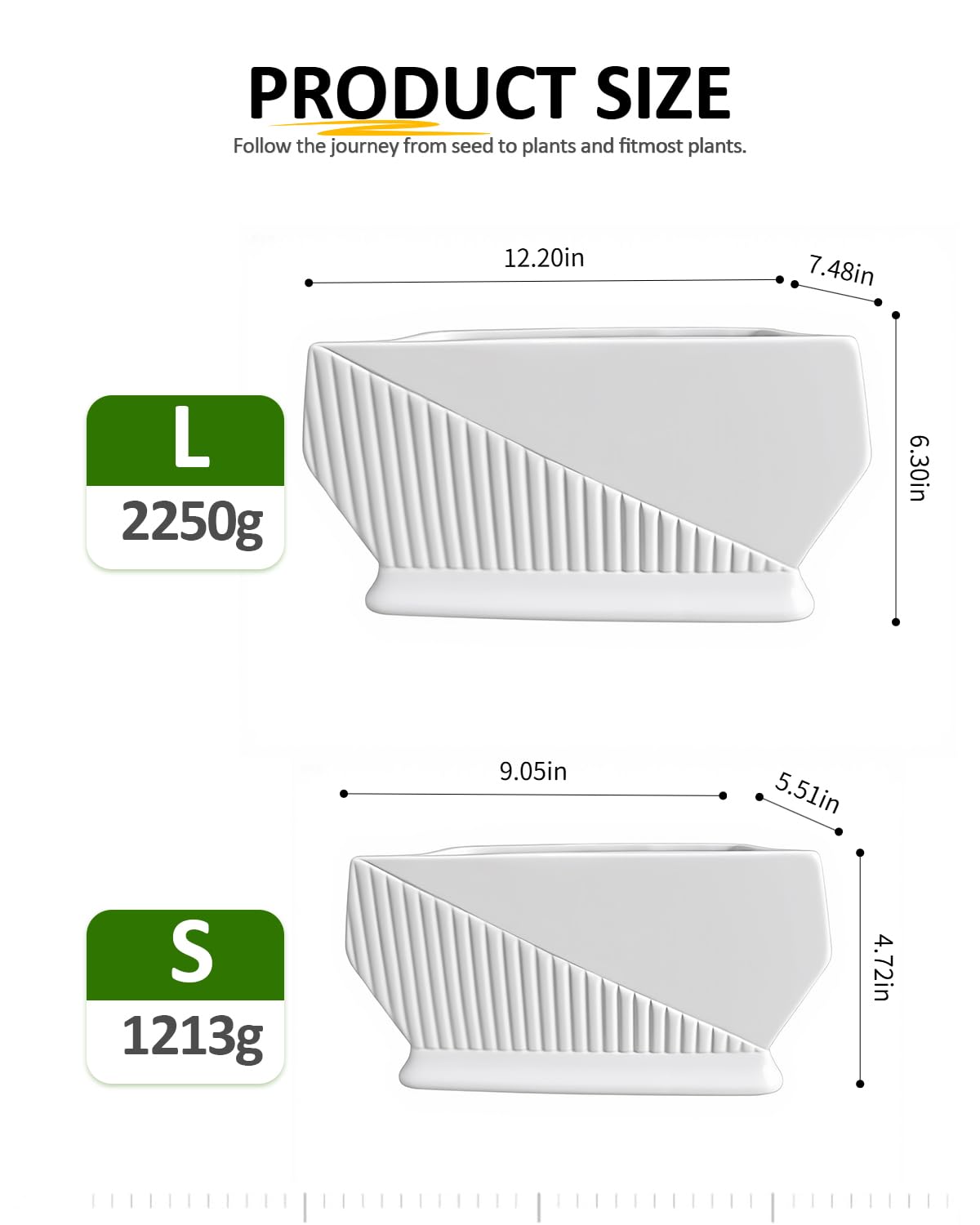 OXART Ceramic Plant pots Indoor Pots Set with Drainage Holes, 12+9 inch Flower Pot Rectangle Planters Pots for Plants for Plants Lilies, Cacti, Succulents, and Pothos, No Trays (White-1)