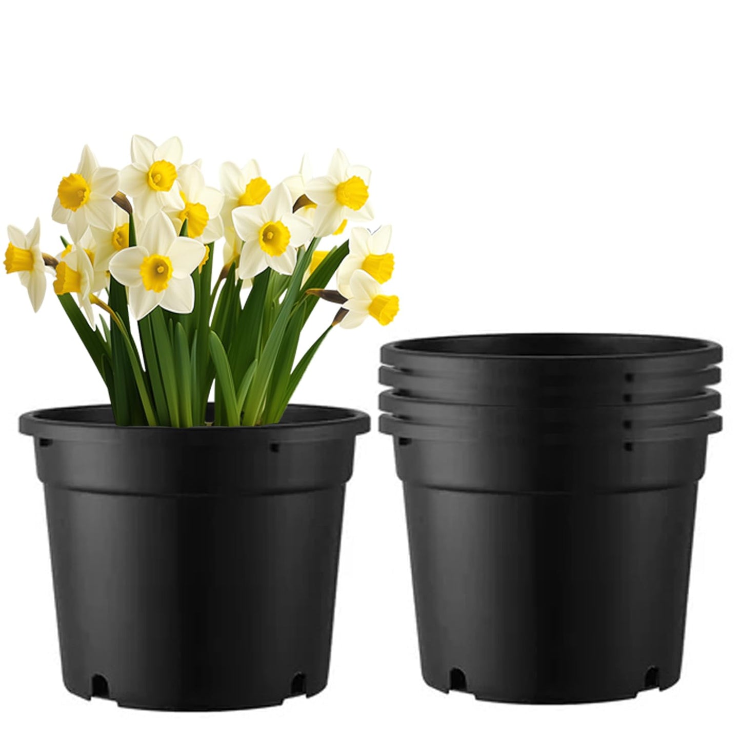MEJENYY 3 Gallon Plastic Plant Pots, 5 Pack Round Nursery Pots with Drainage Holes, Black, Indoor/Outdoor Use
