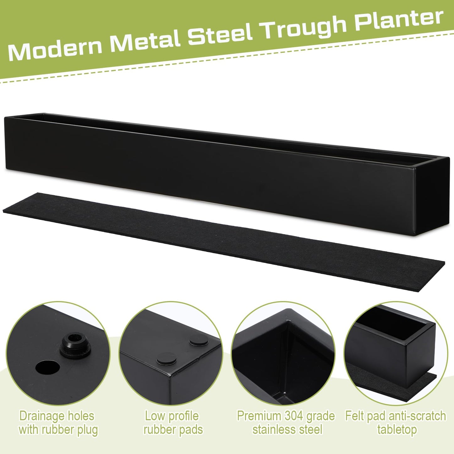 FillTouch 1 Pcs Long Rectangular Planter Box Window Sill Plant Box Metal Water Trough Indoor Large Modern Steel with Drainage Holes Herb Garden Home (32 x 3.5 x 3.5 Inch,Black)