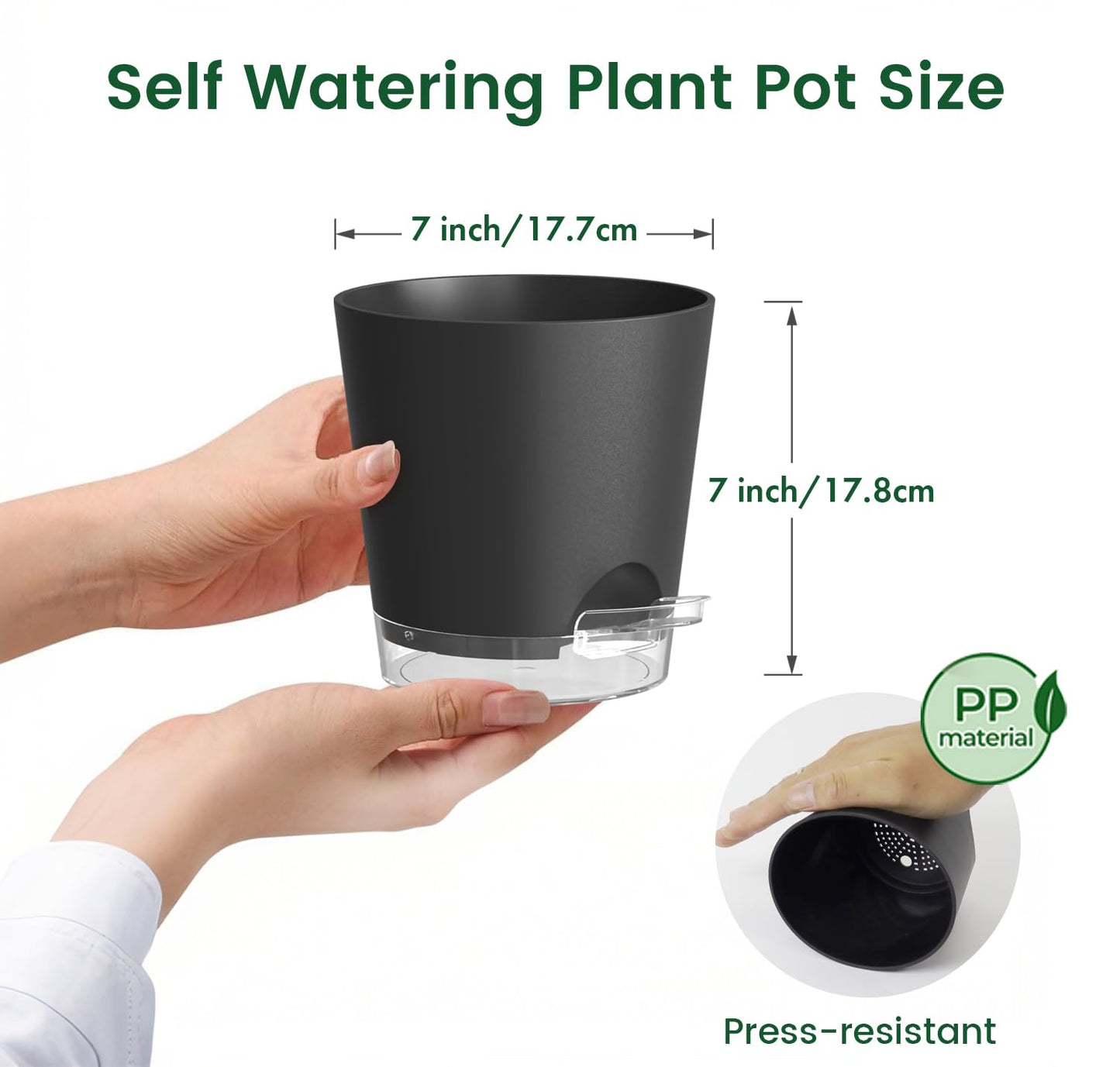 Meowell 7 inch Self Watering Pots for Indoor Plants, 5 Pack Plant Pots with Drainage Holes & Clear Reservoir for Visible Water Level, Plastic Wicking Planter Pots for House Plants and Flower, Black
