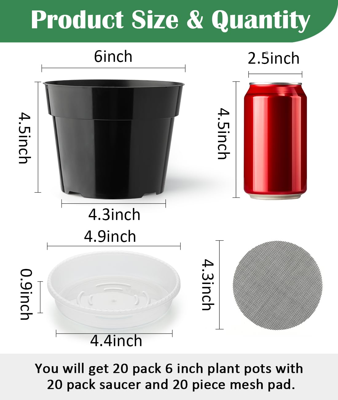 RooTrimmer 20 Pack Plant Pots, 6 Inch Plastic Plant Planter with Saucers and Mesh Mats, Durable Flower Pots with Drainage Holes Perfect for Indoor Outdoor, Black