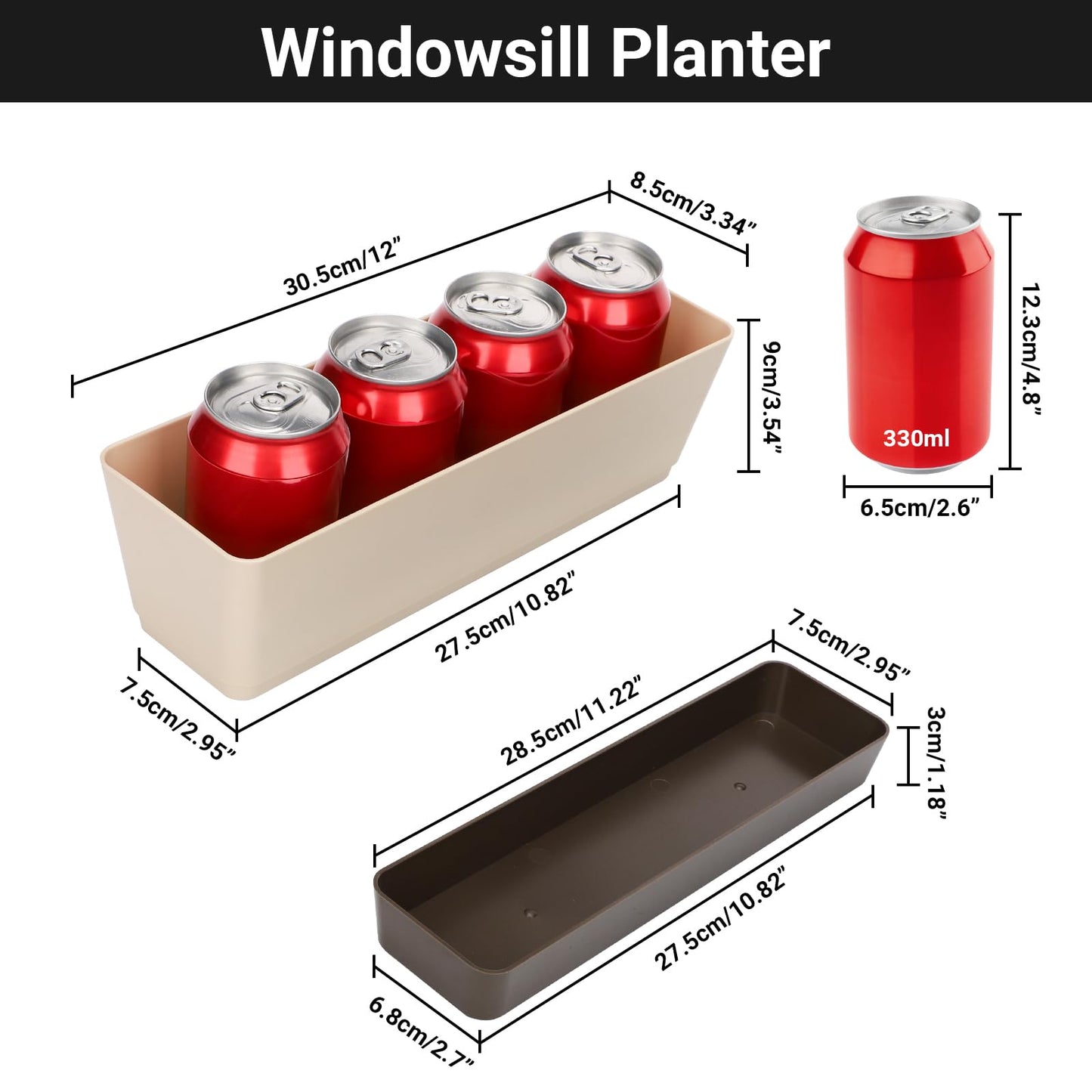 GREANER Planter Windowsill Box, 1 Pack 12x3.8 Inch Herb Rectangle Planter with Tray, Modern Indoor Succulent Cactus Plastic Plant Pot for Windowsill, Garden Balcony, Home Office Outdoor Decoration