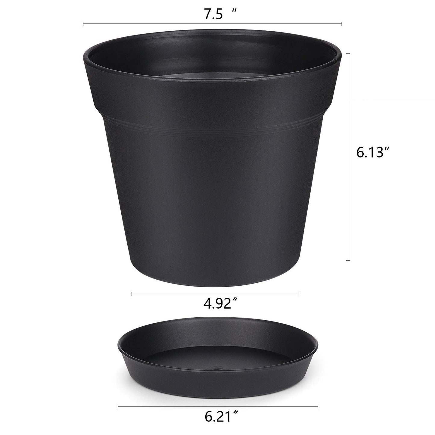 homenote Pots for Plants, 8 Pcs 7.5 Inch Plastic Planters with Multiple Drainage Holes and Tray - Plant Pots for All Home Garden Flowers Succulents, Matte Black