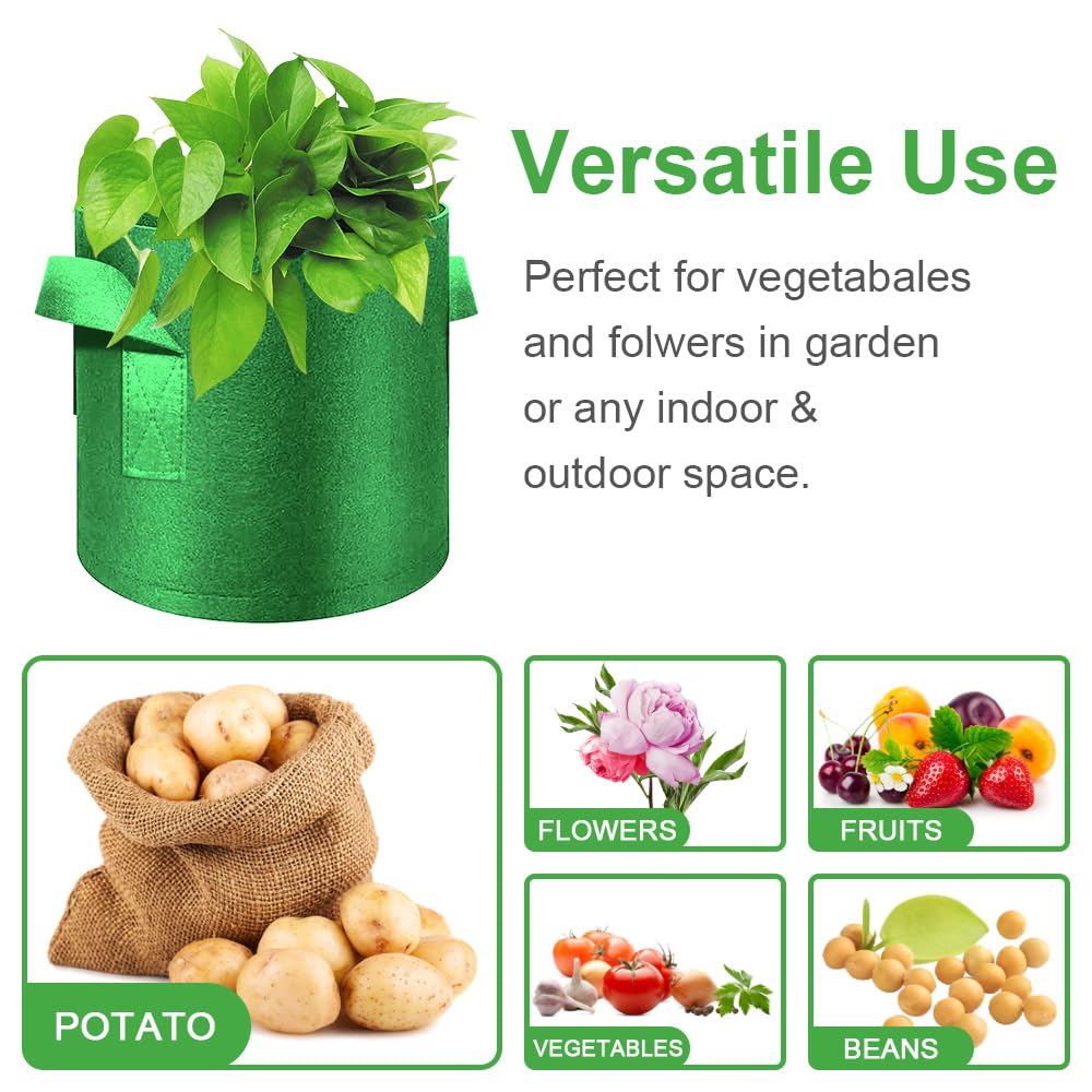 FineGearPow 5-Pack 15 Gallon Grow Bags Heavy Duty Thickened Nonwoven Fabric Pots with Handles, Plant Grow Bags for Vegetables/Flower/Plant/Fruits, Green