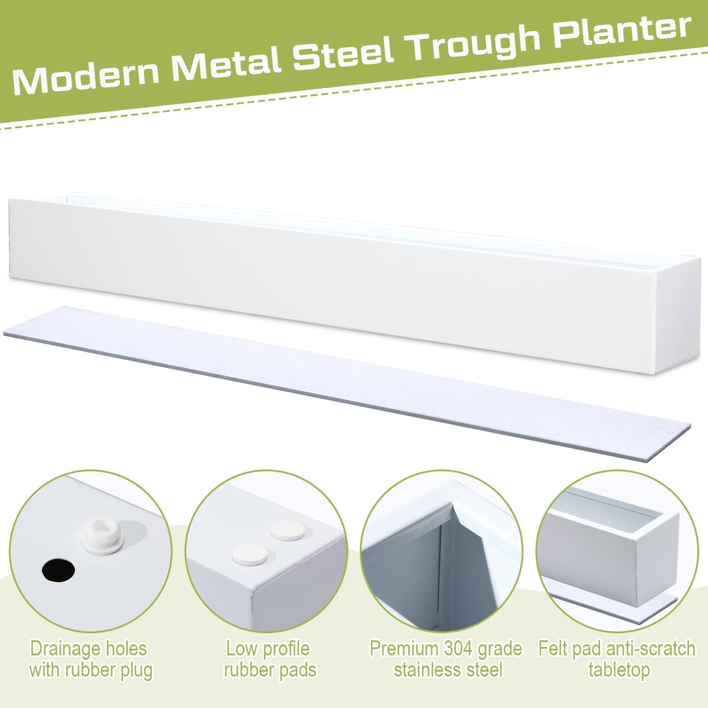 FillTouch 1 Pcs Long Rectangular Planter Box Window Sill Plant Box Metal Water Trough Indoor Large Modern Steel with Drainage Holes Herb Garden Home (32 x 3.5 x 3.5 Inch,White)