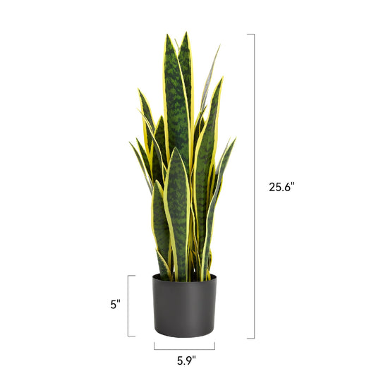 KOL 2ft Artificial Snake Plant, 32 Lifelike Faux PVC Leaves, Indoor Home Garden Decor, Fake Sansevieria Potted Plants, Mother-in-Law Tongue, 25.6in Floor Greenery in Black Pot