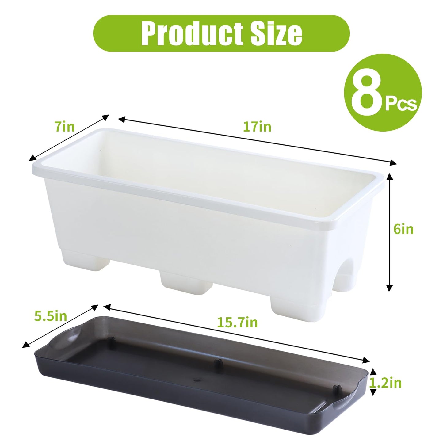 Oliz Window Box Planter 8 Pcs, 17 Inches Rectangle Flower Pots with Drainage Holes & Trays, Vegetable Planters for Windowsill Patio Garden Balcony Home Indoor Outdoor (White, 16 * 7 * 6 inch)