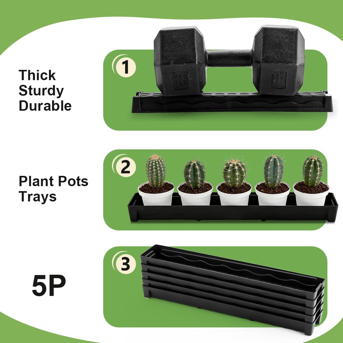 RooTrimmer 5 Pack Plastic Plant Saucer (17"x3"x1.5"), Rectangular Window Sill Plant Pot Trays with Removable Drainage Hole, Thick Windowsill Saucer Tray for 2.8 inch (7CM) Flower Nursery Pots (Black)