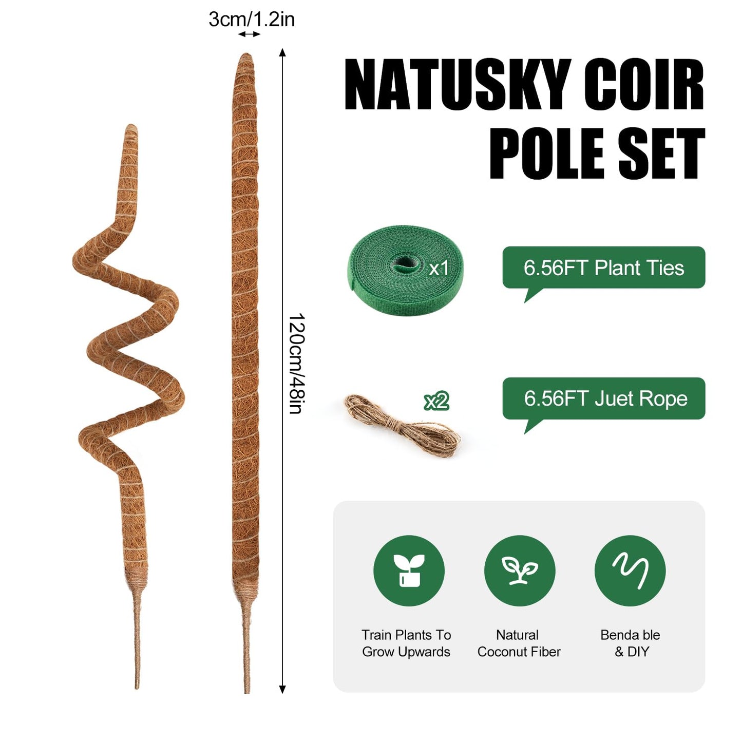 2 Pack Moss Pole, 48 Inch Bendable Moss Poles for Plants Monstera for Climbing Plants, Handmade Coco Coir Pole Plant Sticks Support Stakes for Indoor Plants to Grow Upwards