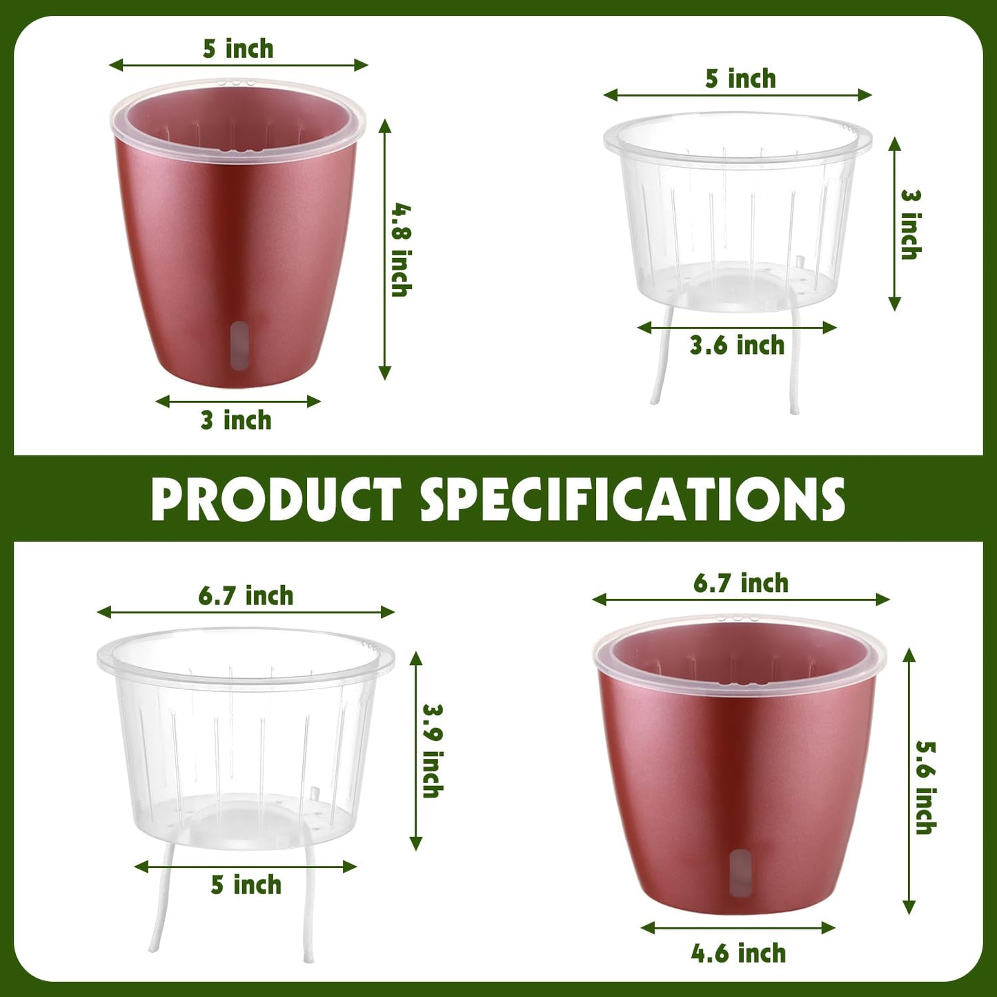 KvyusFlourish Self Watering Pots for Indoor Plants, 6-Pack 5'' Self Watering Planter with Drainage Holes, Small African Violet Pots with Water Indicator, Clear Wick Orchid Pot, Rose Gold