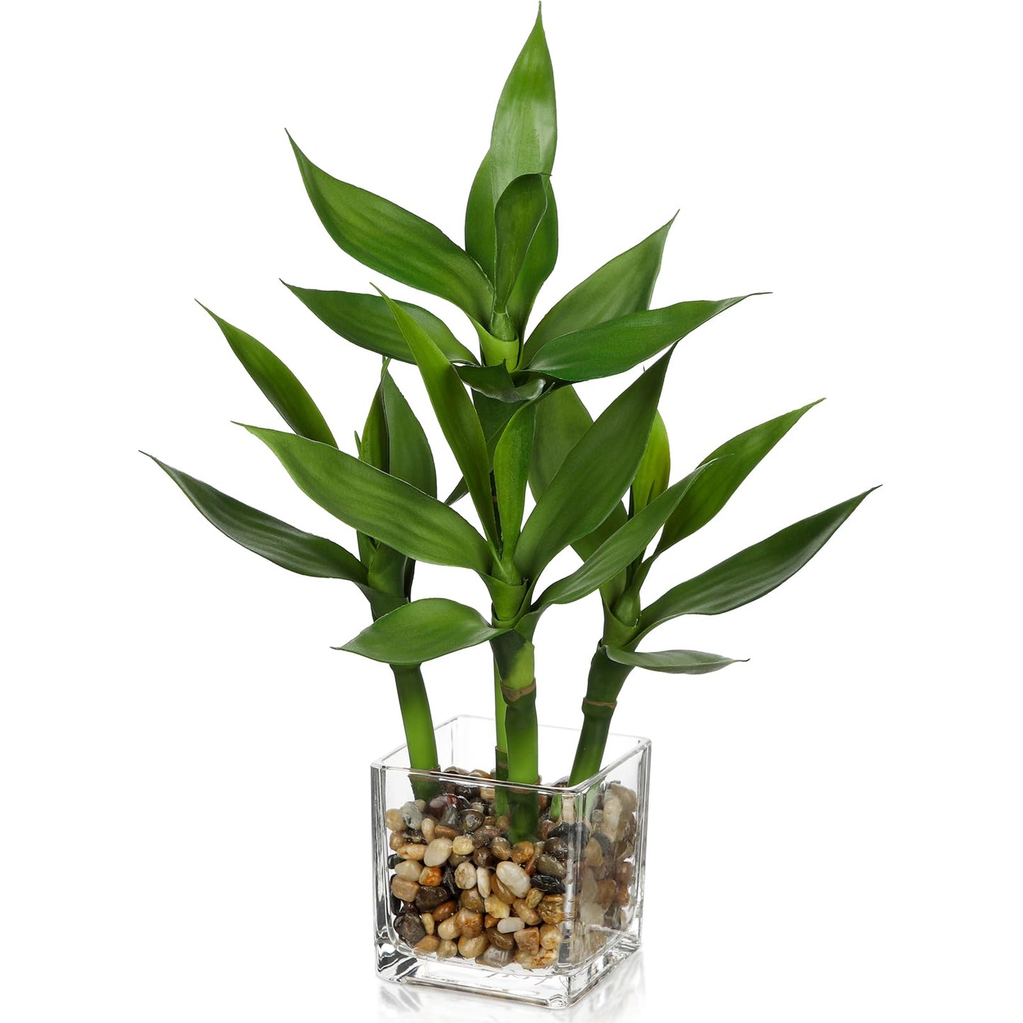 GnFlus Artificial Lucky Bamboo Plant 17.3 Fake Plant in Rectangular Glass Pot for Centerpiece Table Decorations Farmhouse Wedding Home Greenery Decor