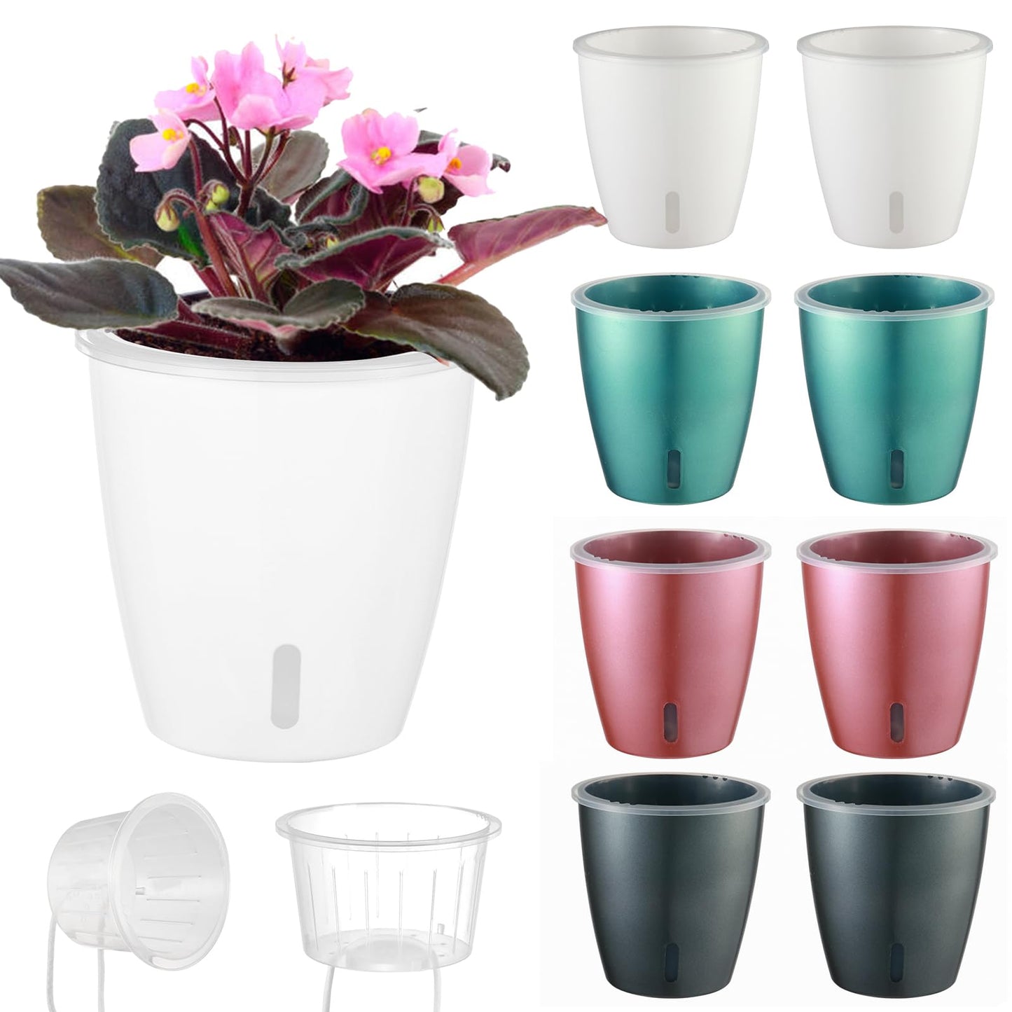 KvyusFlourish 8-Pack 5 Inch Self Watering Pots, Indoor Planter with Indicator, Transparent Wick Pot for Orchids, Small African Violet Pot, for Plants