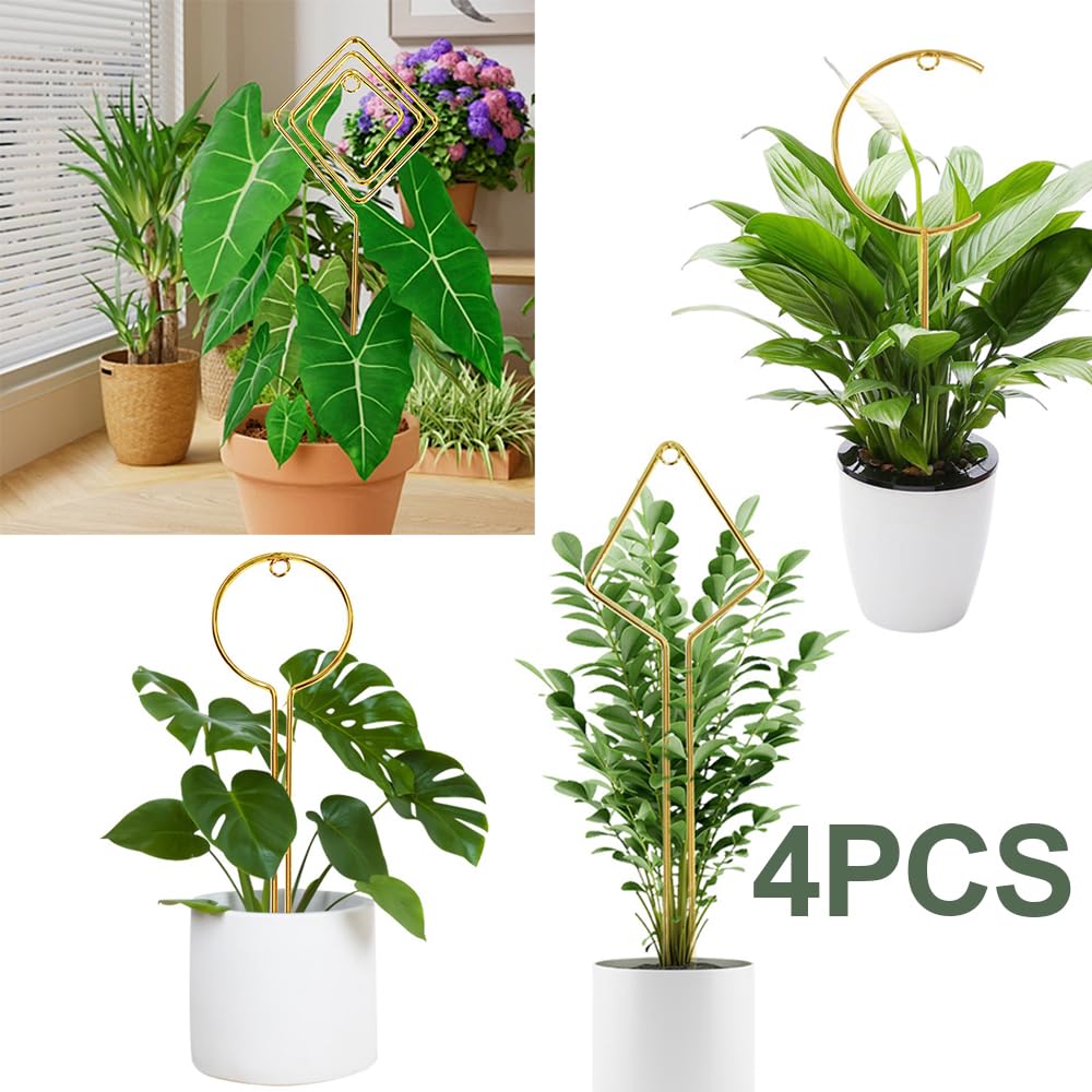 Elfzone Indoor Plant Trellis - 4 Pack Small Hoop Trellis Mini for Climbing Plants Indoor, 15.7 Inch Indoor Plant Trellis with Different Patterns, Vine Plant Support for Flower Pothos (Gold)