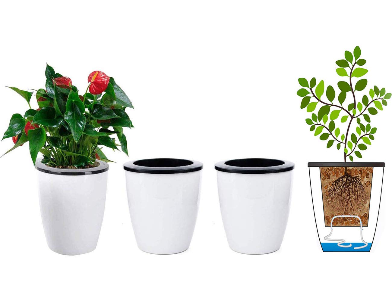 5.2“ Self Watering Planter White Flower Pot, 3 Pcs Medium Planter Pot, Mini Plant Pot, for All Plants, Herbs, African Violets, Succulents, Flowers Or Start Plants, White, 5 inch