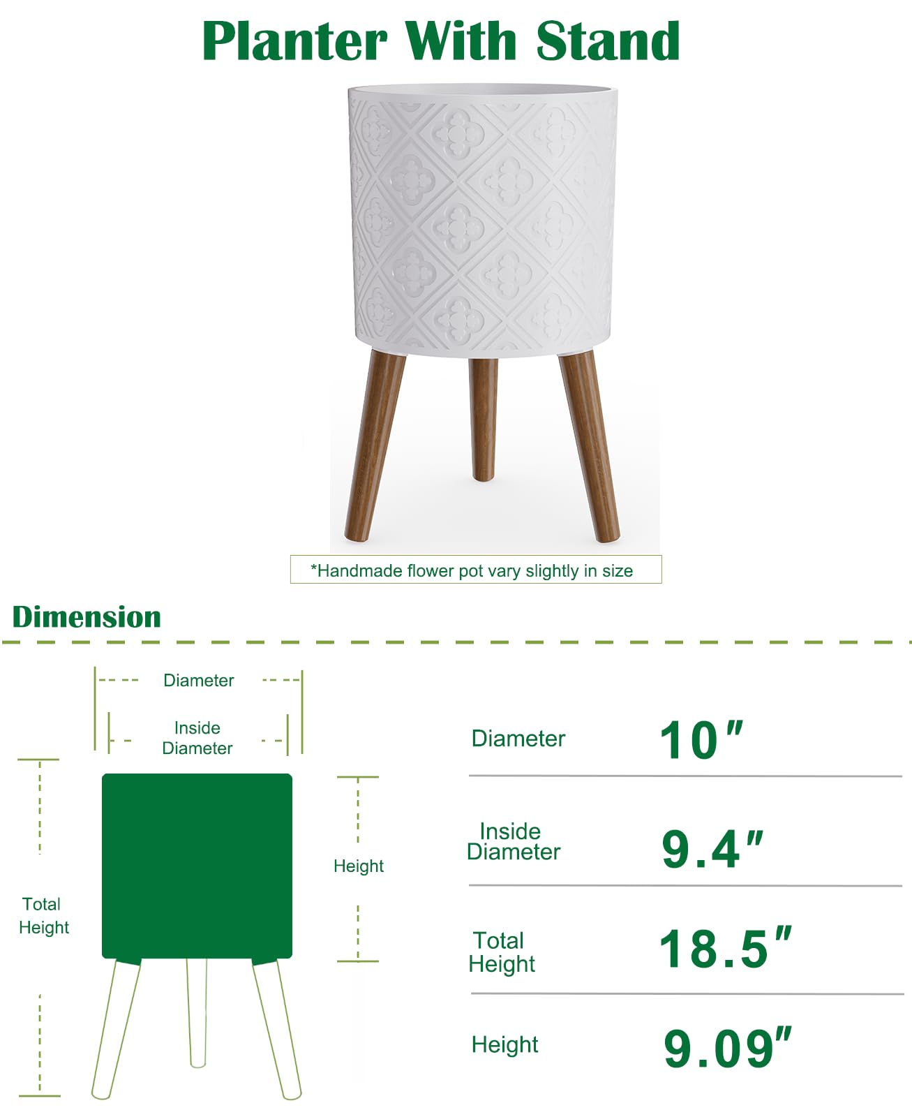 nacltlo 10 Inch Plant Pot with Stand, Planter for Indoor Plants, Modern Large Flower Planter Pot with Drainage Holes for Outdoor, Matte White