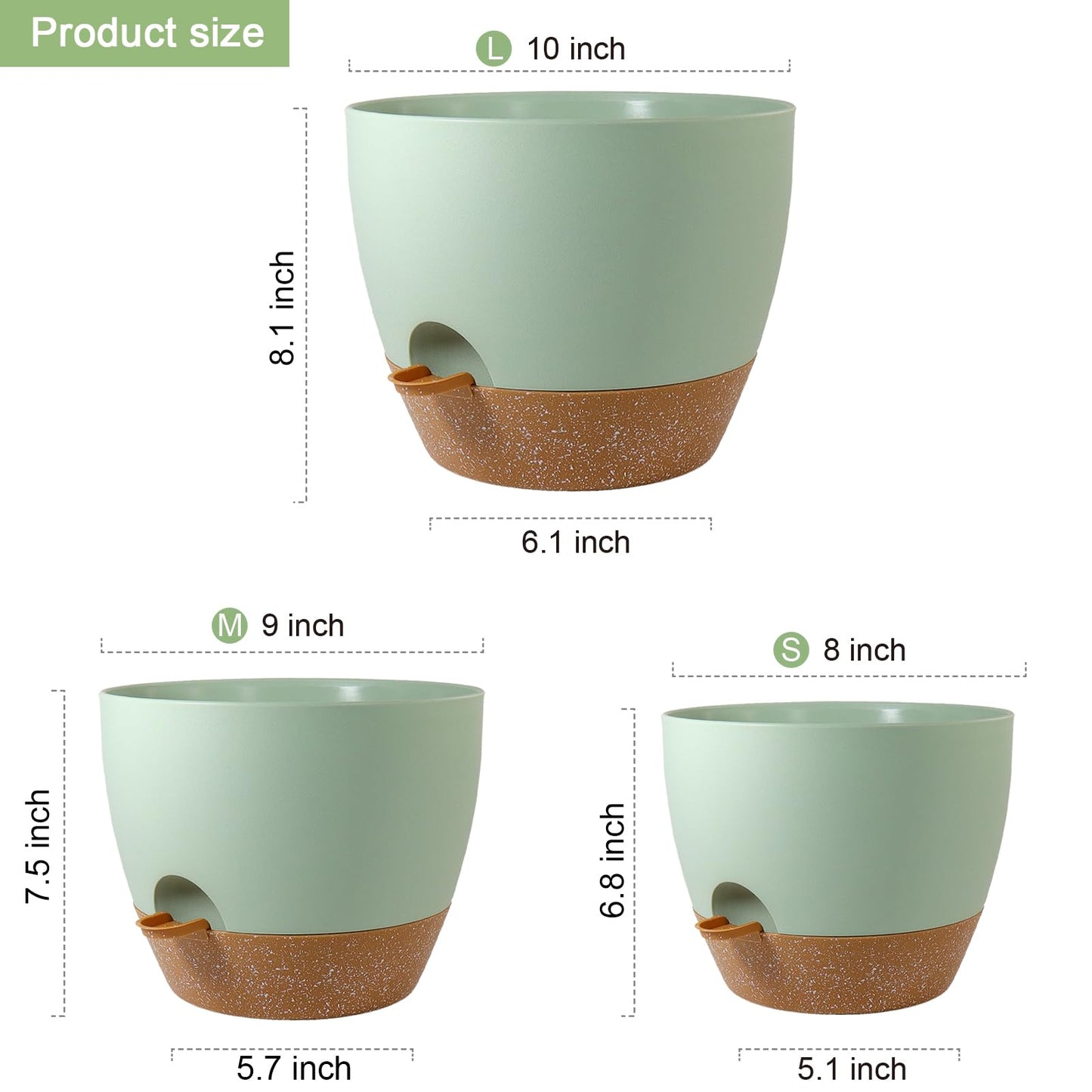 WSMKSZ 10/9/8 inch Self Watering Pots, Planter, Plant Pots with Mesh Drainage Holes for Indoor Outdoor Garden Plants, Plastic Flower Pots with Deep Reservoir for House Plants, Green with Brown