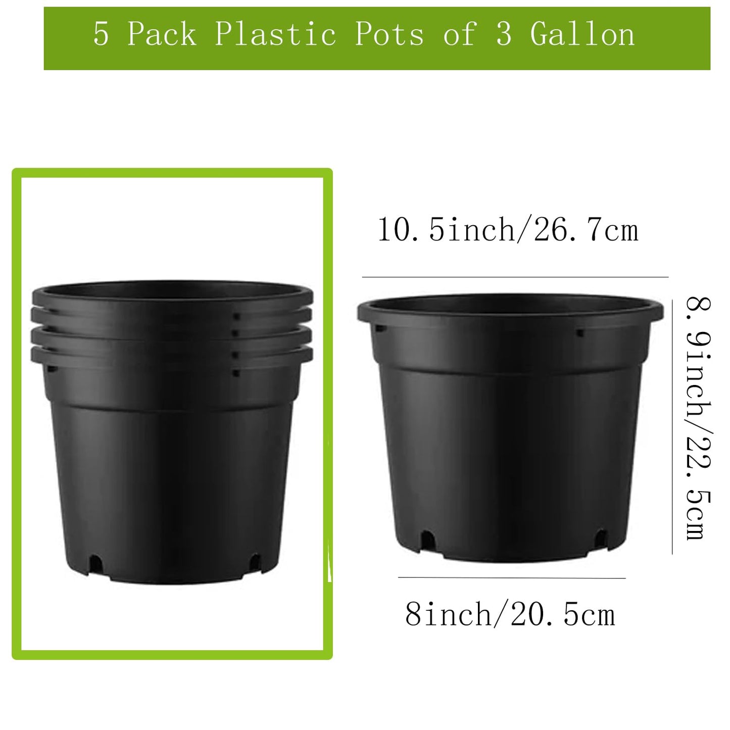 MEJENYY 3 Gallon Plastic Plant Pots, 5 Pack Round Nursery Pots with Drainage Holes, Black, Indoor/Outdoor Use