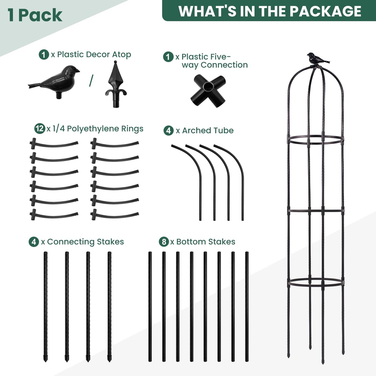 FOLLOOK Garden Obelisk Trellis for Climbing Plants Outdoor, Lightweight Climbing Plant Support Flower Roses Clematis Vegetable Light Vines Round Trellis for Raised Garden Bed Planter, Black, 1 Pack
