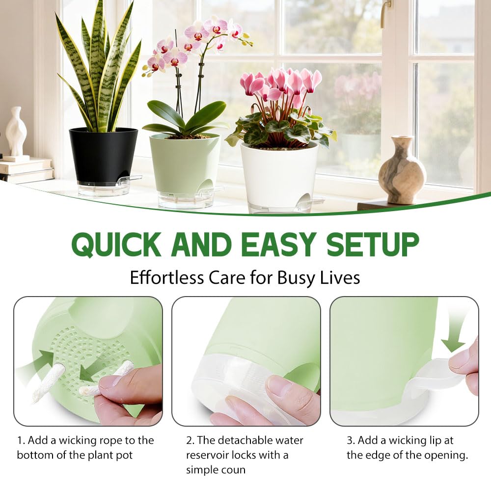 KEETUMOOD Self Watering Pots for Plants, 2026 New Flower Plant Pots with Drainage Holes, Wicking and Clear Reservoirs for Succulent, Aloe, Cacti and Others - 6 Pack (Colorful, 6")