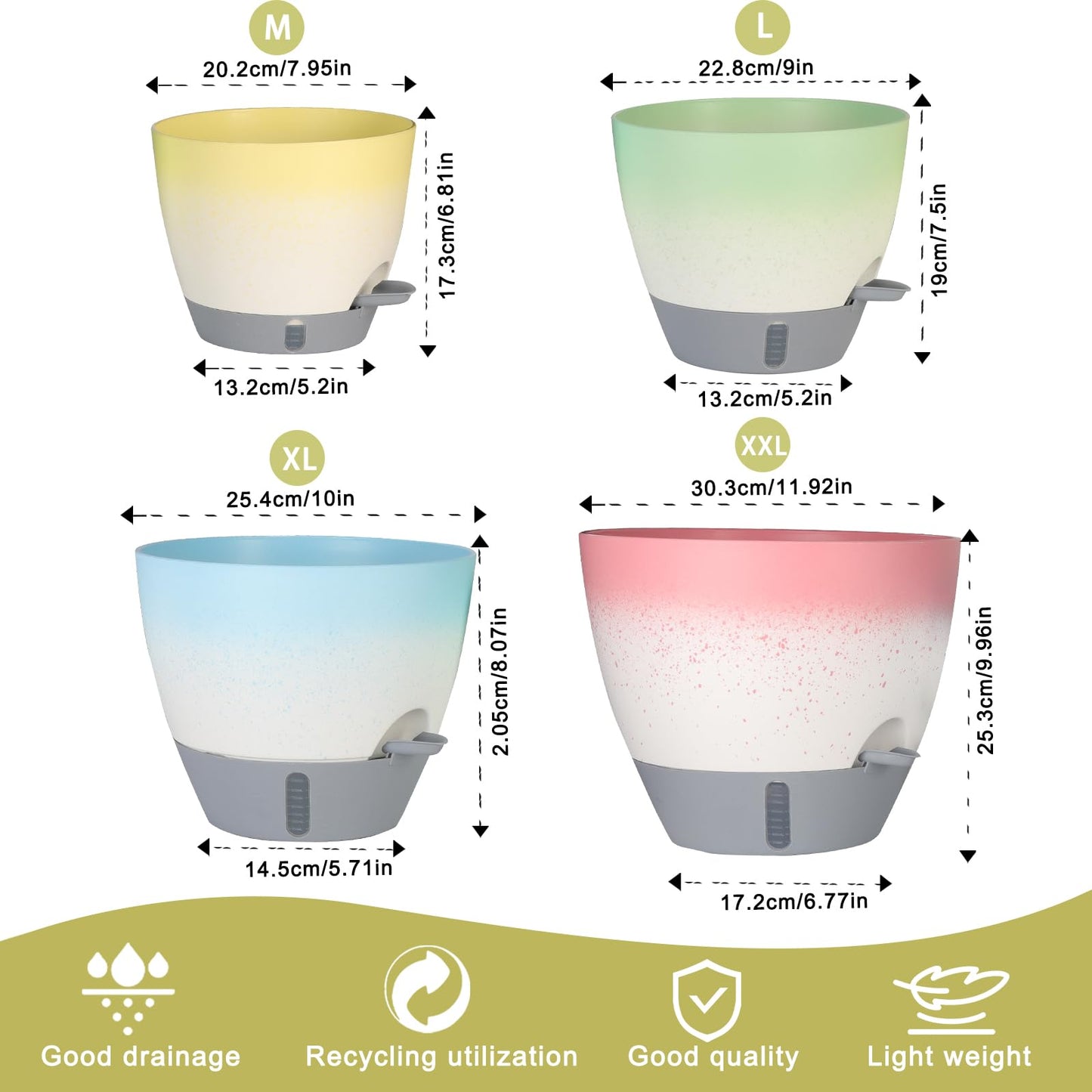 YUNLINGAA 4-Piece Planter Set, 12/10/9/8-inch Self-Watering Pots with Drainage Holes, Deep Trays, Water Level Indicators, Suitable for Plants (12/10/9/8-inch, White Gradient Design)