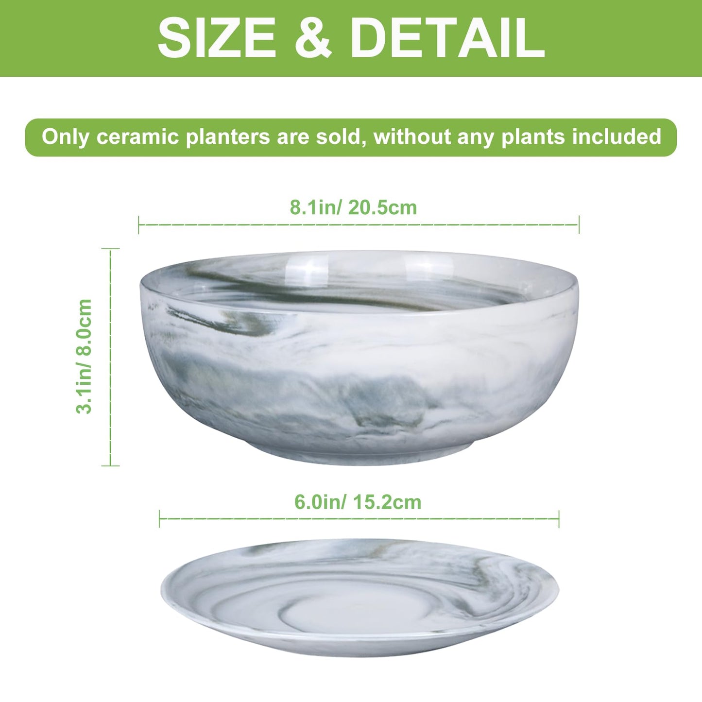 G EPGardening Bonsai Pots, 8 Inch Marble Pattern Ceramic Succulent Pot with Drainage Hole and Plant Saucer, Large Round Planter for Indoor Outdoor Plants, Modern Flower Pot, Plants Lovers Gifts, Grey