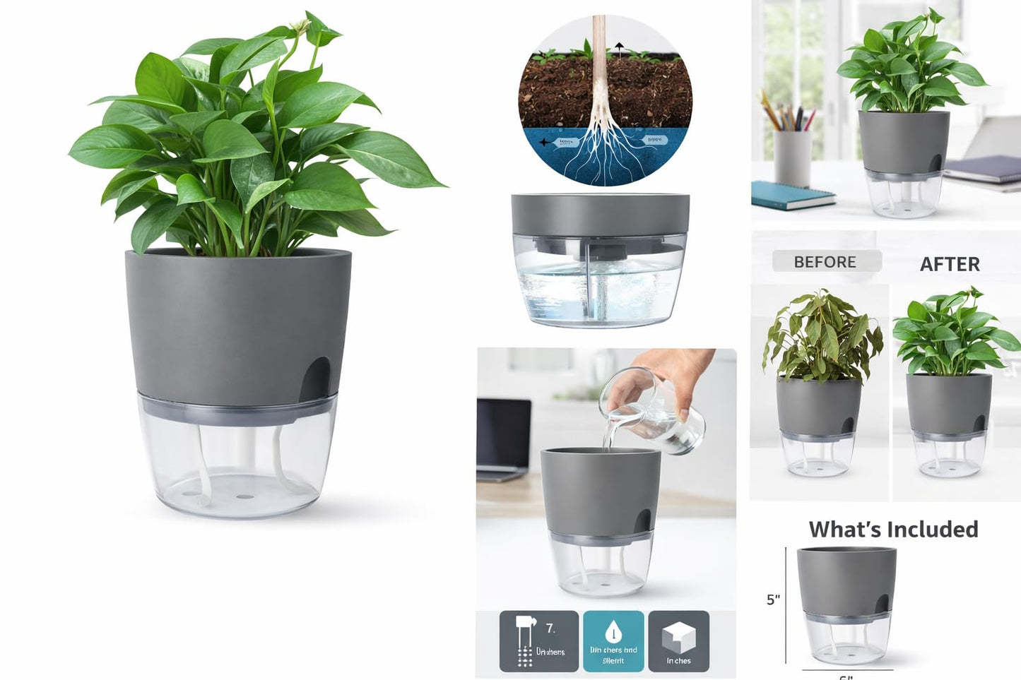 Self Watering Planter Pot with Upgraded Wick System – Modern Indoor Plant Pot with Visible Water Reservoir
