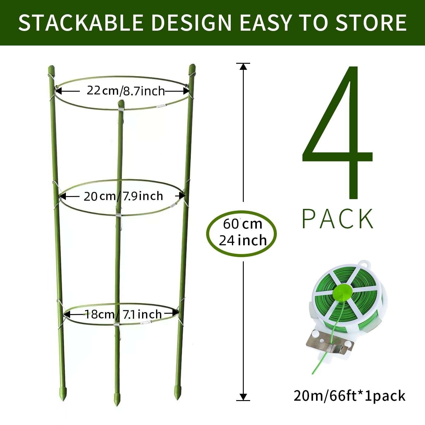 Hoyejyou 4 Pack Tomato Cage for Garden Plant Support, 24 inches Small Tomato Trellis with Adjustable Rings, Plant Stakes for Peony Support, Tomato Stakes Rings for Climbing Plants