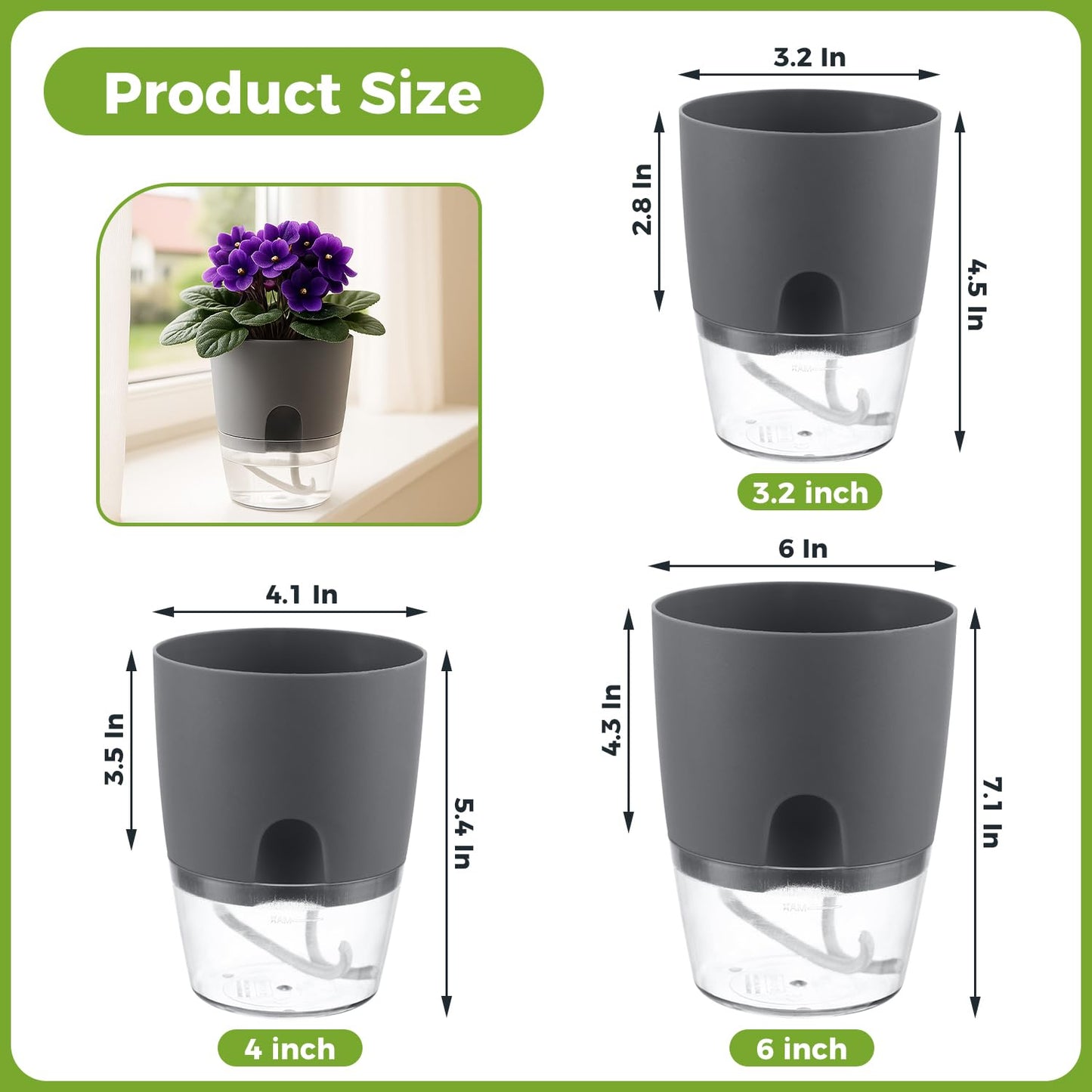 Planterhoma 8 Pack Self Watering Pots for Indoor Plants, 6 Inch Plant Pot Plastic Self Watering Planter for Orchid, African Violet, Small Clear Flower Pots with Drainage Holes and Wicking Rope, Gray