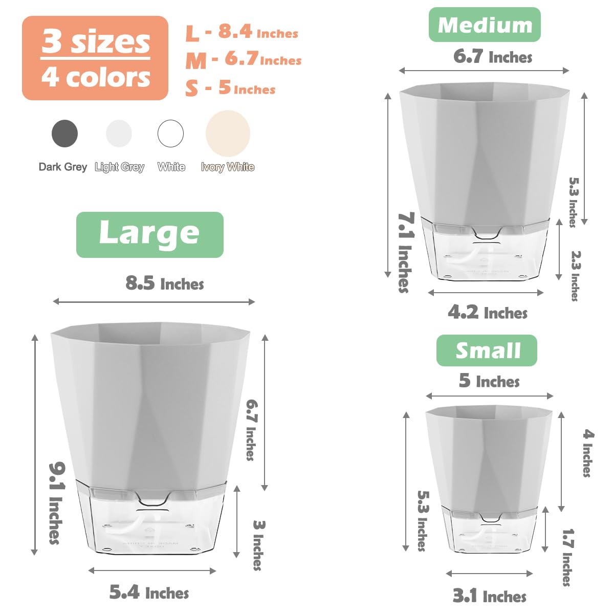 5 Pack Self Watering Plant Pots 5/6.7/8.4 In Self Watering Planters for indoor and Outdoor plants African Violet Self Watering Pots Clear Pots for Plants Herb Orchid Flower Houseplant Pots, Light Grey