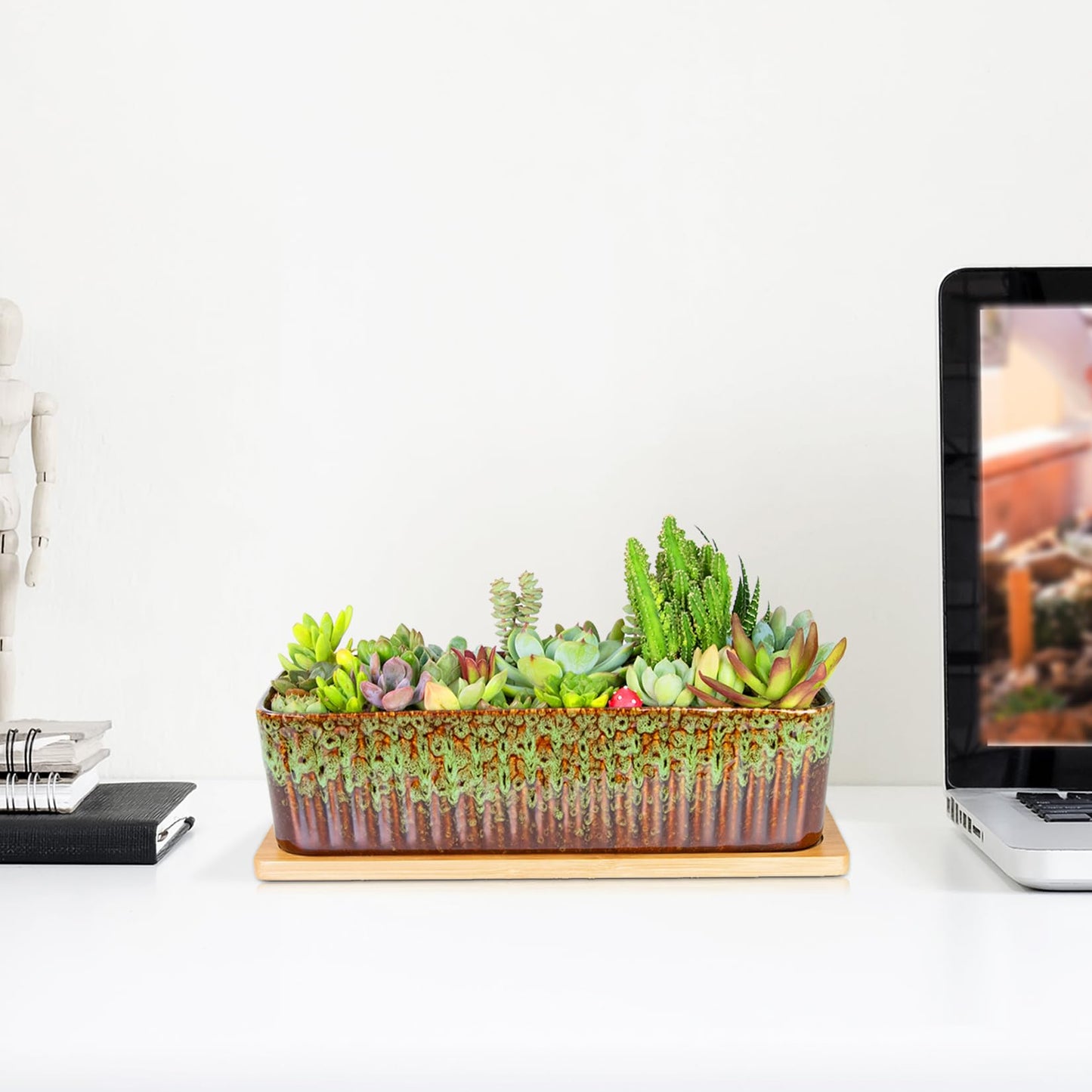 Succulent Pots - 12 Inch Large Succulent Planters with Drainage Tray, Window Sill Planter, Long Rectangle Ceramic Pots for Indoor Cactus Plants Shallow Bonsai Window Box for Home Garden Decor