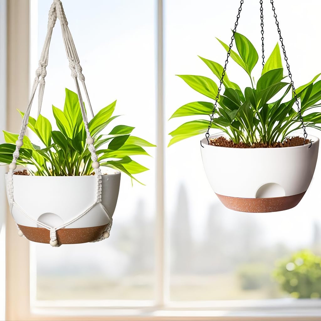LESOASIS 12 Inch Hanging Baskets for Plants Outdoor, Hanging Planters for Indoor Outdoor Plants, Hanging Planter with Self Watering, Hanging Flower Pots (White Planter with Macrame + Iron Hangers)