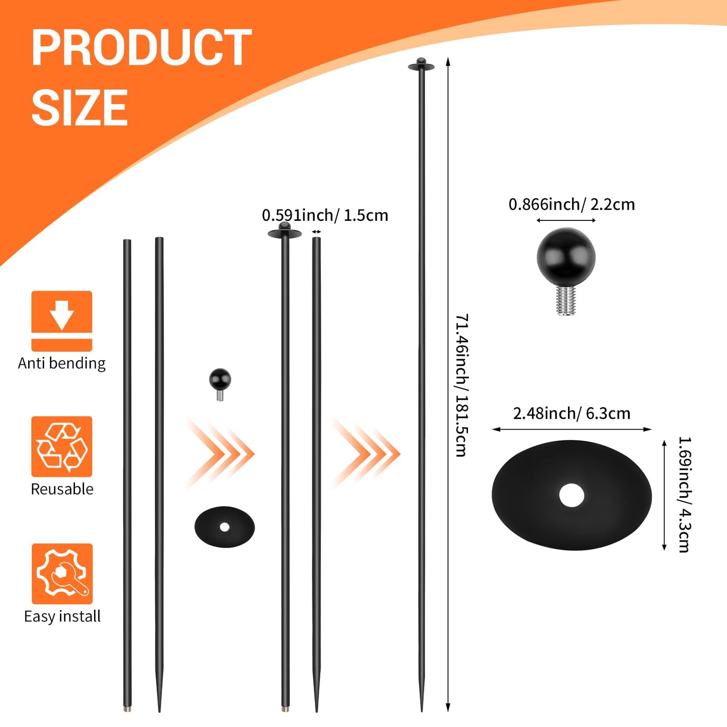 12 Sets Garden Stake Netting Support, Heavy Duty Metal Garden Poles for Netting, Powder Coated Carbon Steel Lawn Plant Support Cage, 72 Inch Garden Fencing Protection Frame